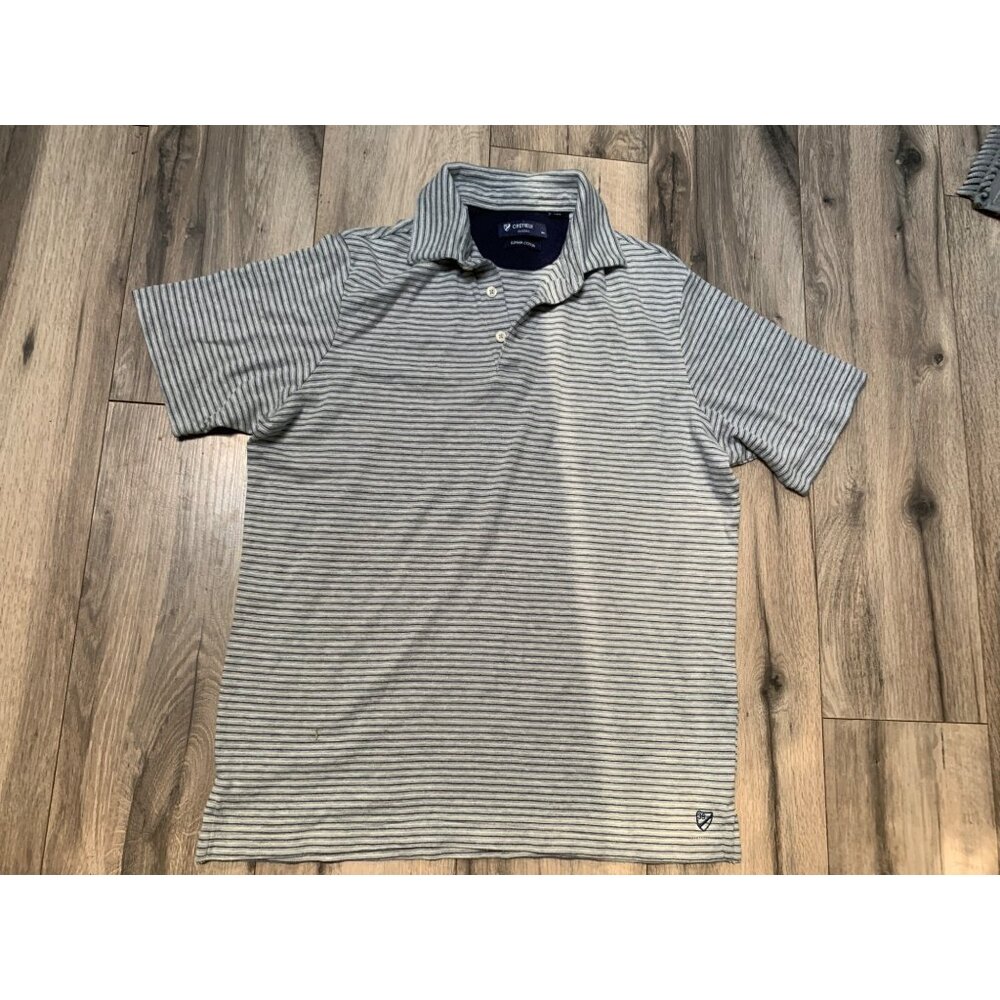 Cremieux Mens L Suprima Cotton Striped Gray Blue White Polo Shirt Short Sleeve